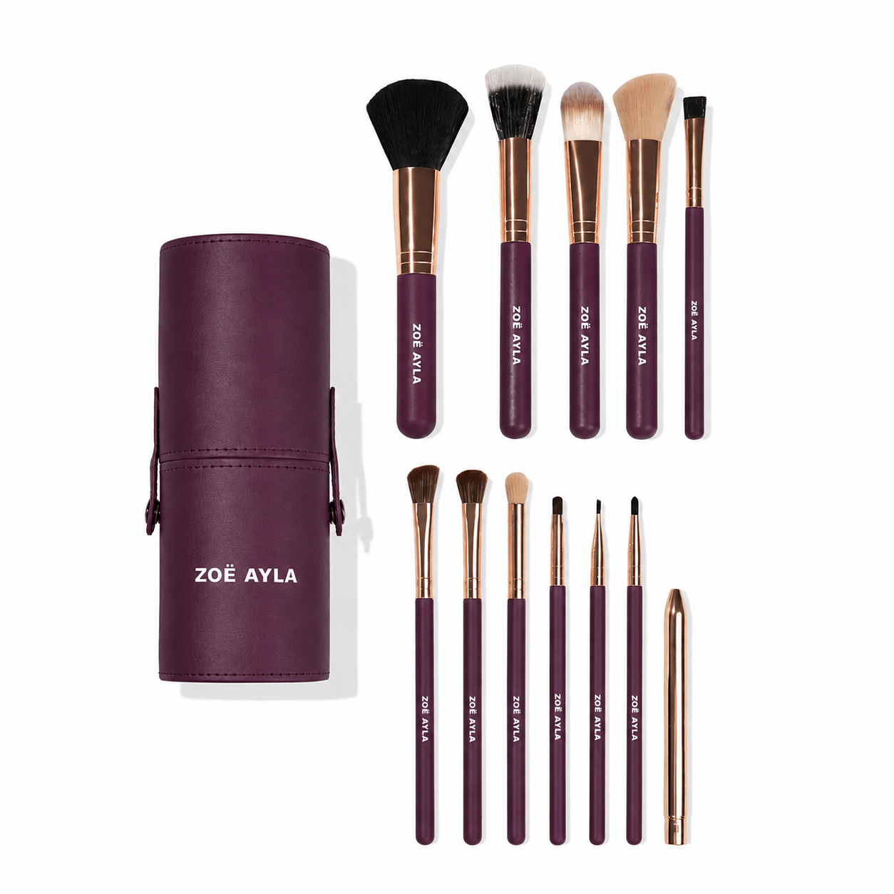 12-Piece Professional Brush Set with Vegan Leather Travel Case - DARK PLUM